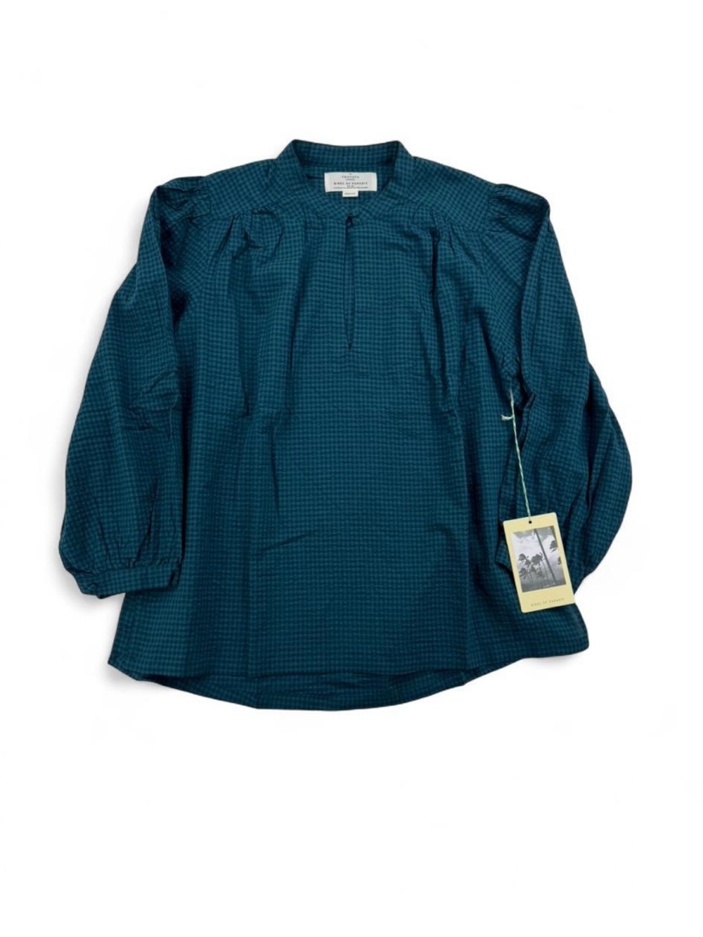 Trovata Birds of Paradis Dark Teal Gingham Long Sleeve Collarless Blouse Size M